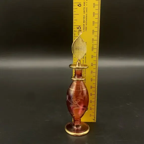 Vintage Egyptian Hand Blown Miniature Glass Empty Bottle Gold Trim Etched - Picture 12 of 14